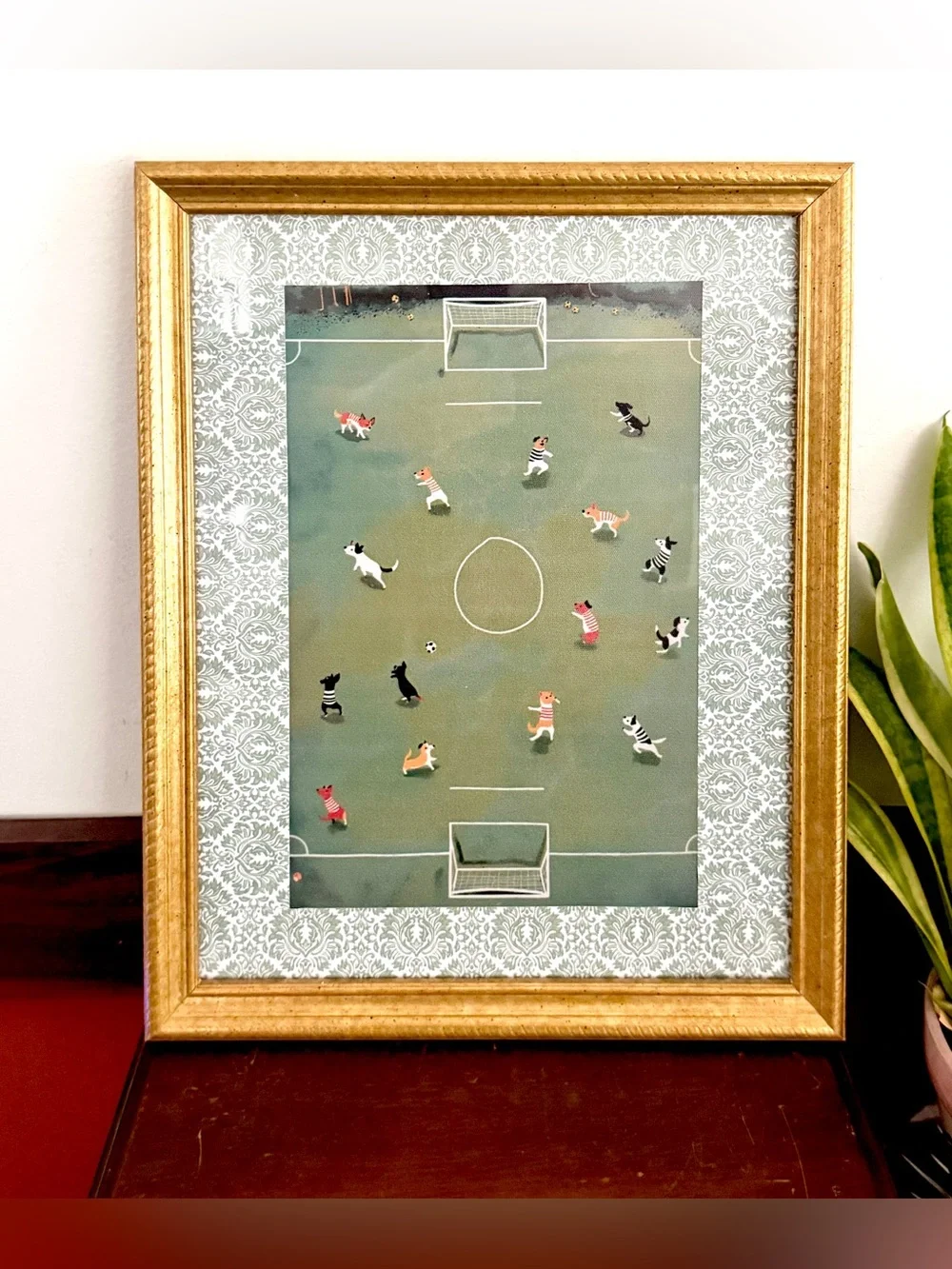 Soccer Dog Whimsical Canvas Art Print Sports FIFA Gold Framed Wall Hanging Art